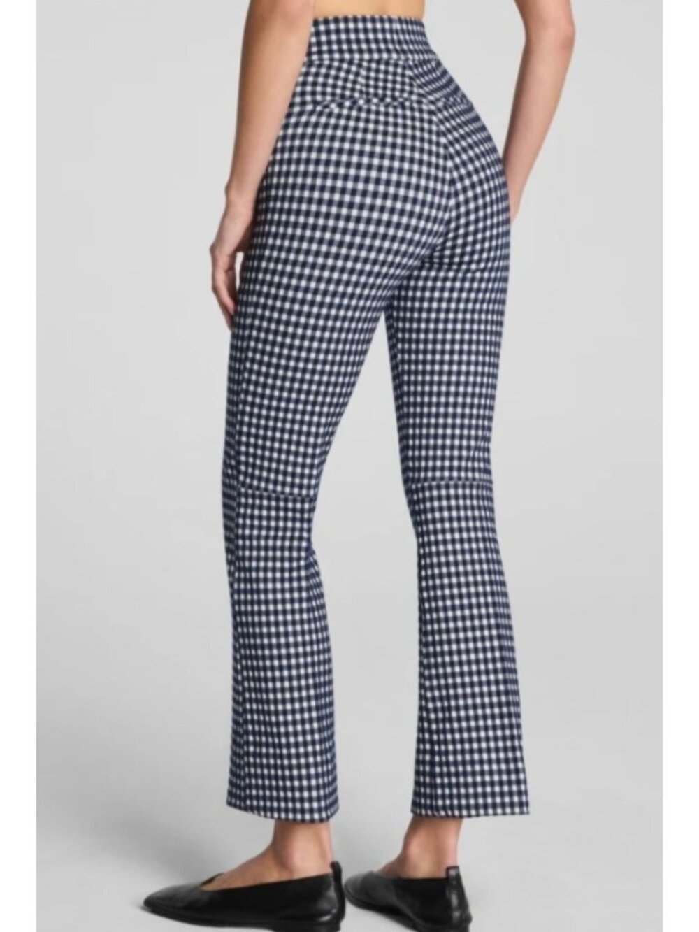NEW Spanx Perfect Fit Ponte Pintuck Kick Flare Pull-On Pants Navy Gingham
